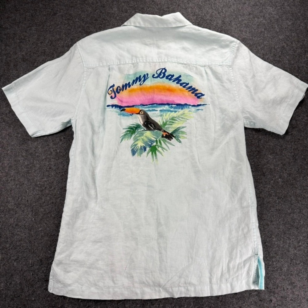 Tommy Bahama Mens 100% Linen Shirt XS Tropical Toucan Bird‎ Sunset Graphic